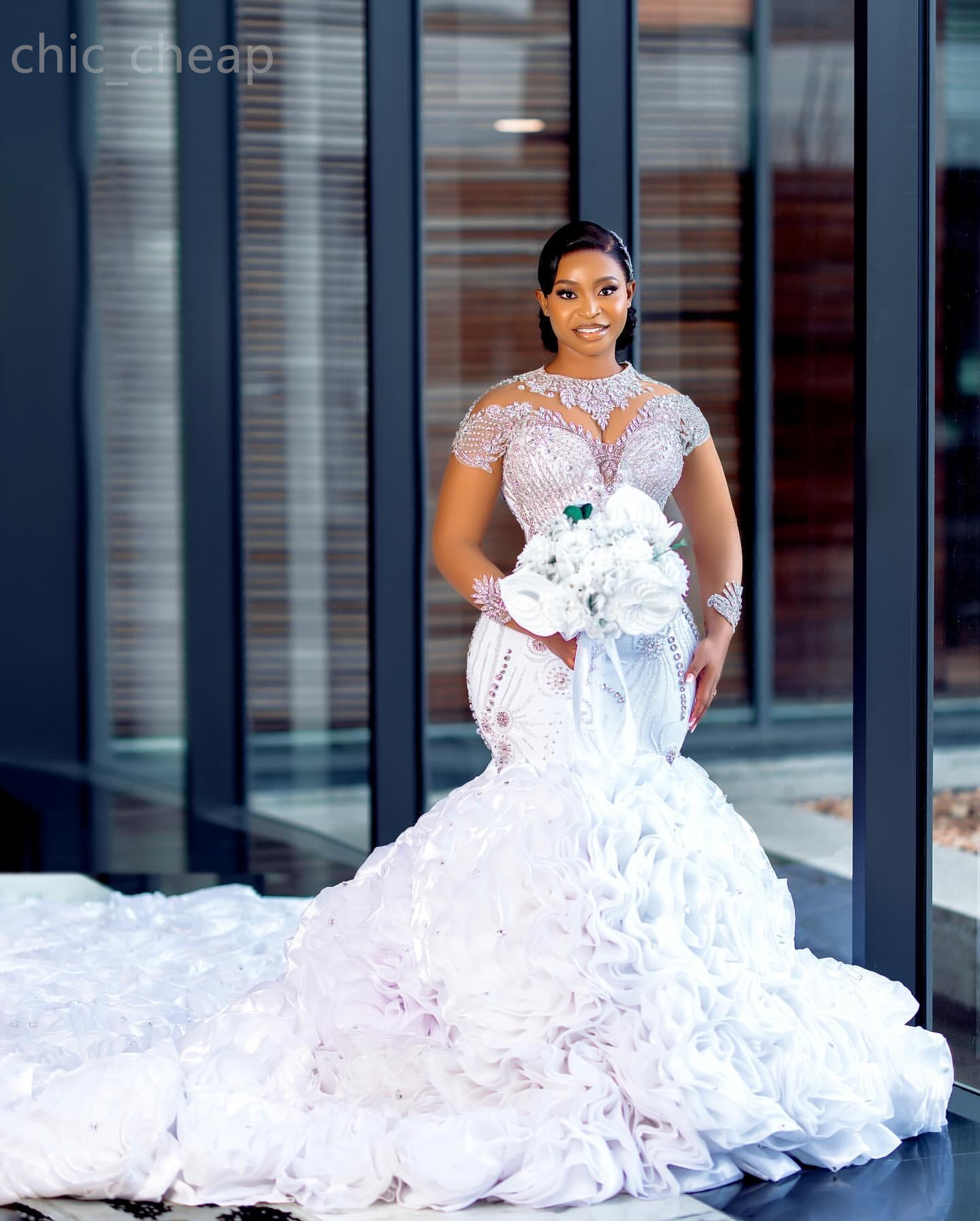 2024 Arabic Aso Ebi Plus Size Lace Luxurious Mermaid Wedding Dress Flowers Crystals Tiers Satin Bridal Gowns Dresses ZJ346