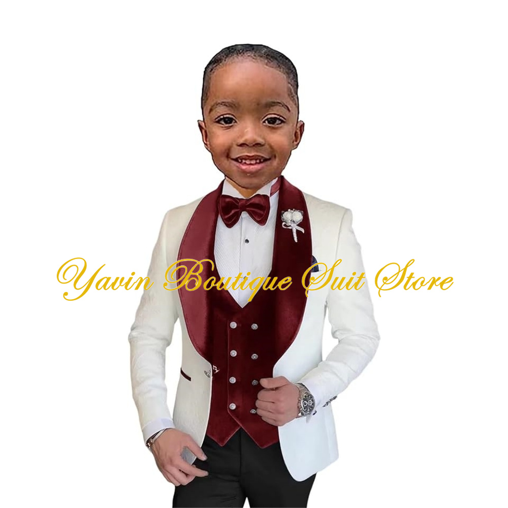 Formal Boy Tuxedo Slim Fit White Jacquard Suit Wedding Prom 3 Piece Blazer Velvet Vest Pants Set