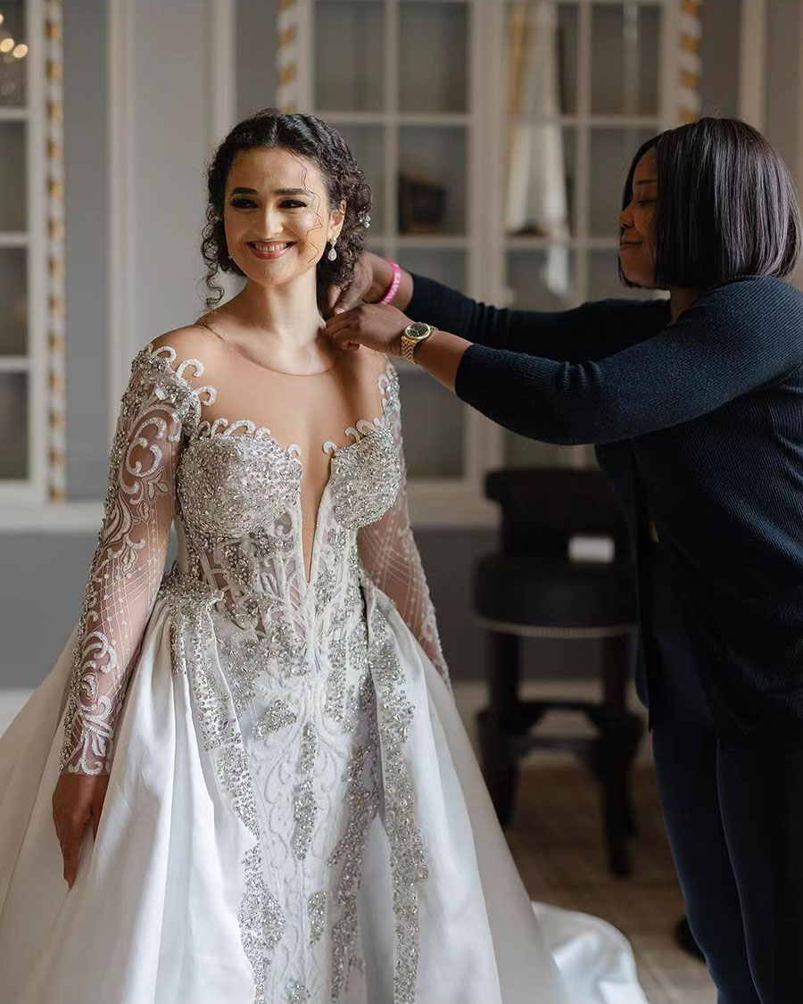 Gorgeous Beaded Vintage Mermaid Wedding Dresses Detachable Train Crystal Off Shoulder Bridal Gowns Custom Made Vestidos De Novia 326