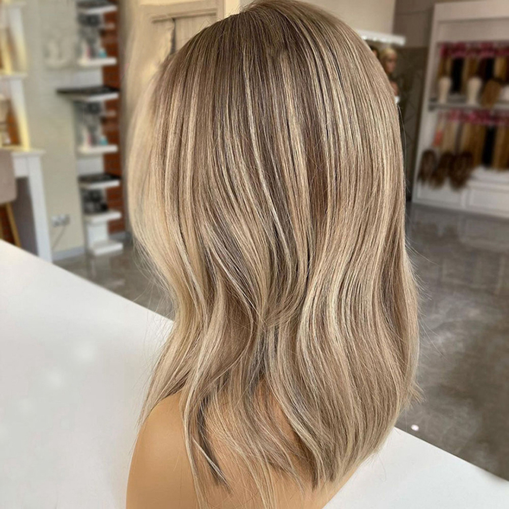 Premium Blonde Lace Front Human Hair Wig with Brown Highlights, Short Wavy Style for Women - 180% Density dh910320090