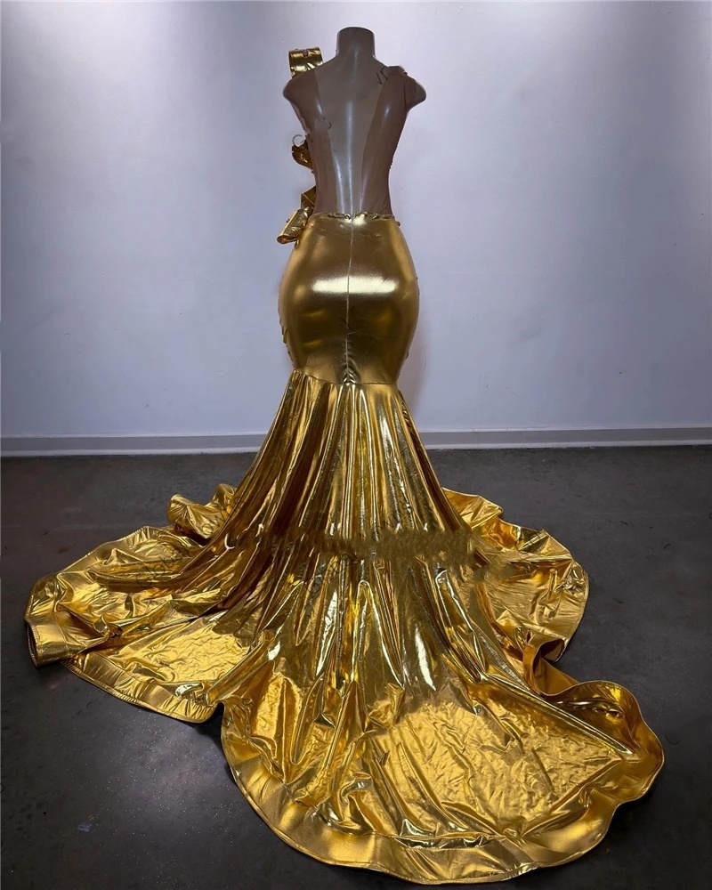 Gold O Neck Long Prom Gowns For Black Girls Beaded Crystal Birthday Party Dresses Mermaid Evening Dress Robe De Bal 0431