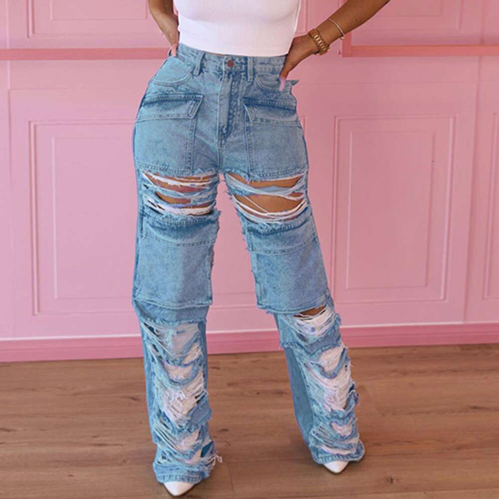 2024 Street Beggar's Distressed and Rough Edge Patchwork Denim Pants with A Straight Fit Design