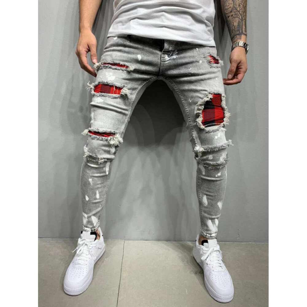 2024 Spring Festival Does Not Close. Men's Distressed Printed with Patches and Elastic Small Leg Jeans