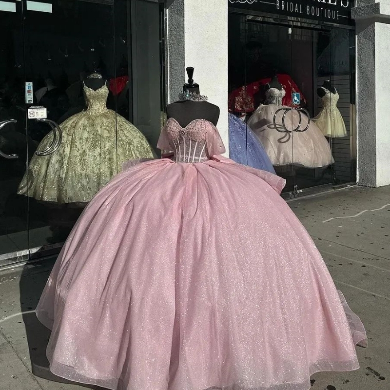 Pink Shiny Quinceanera Dresses Ball Gown Off Shoulder Sweet 16 Dress Beads Crystal Celebrity Party Gowns Graduation Vestidos De 15 Dr0320