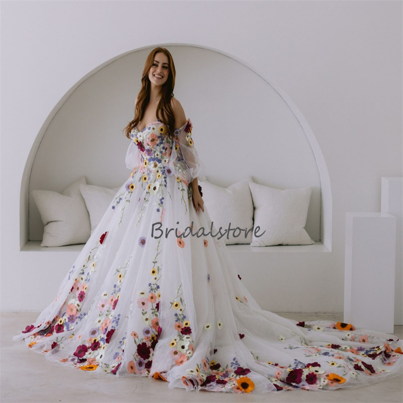 Beautiful Colorful Flower Wedding Dress Boho Fairy tale A Line 3D Florals Rustic Country Bridal Gowns Tulle Whimsical Bride Dress 2024 Hippies Gatsby 