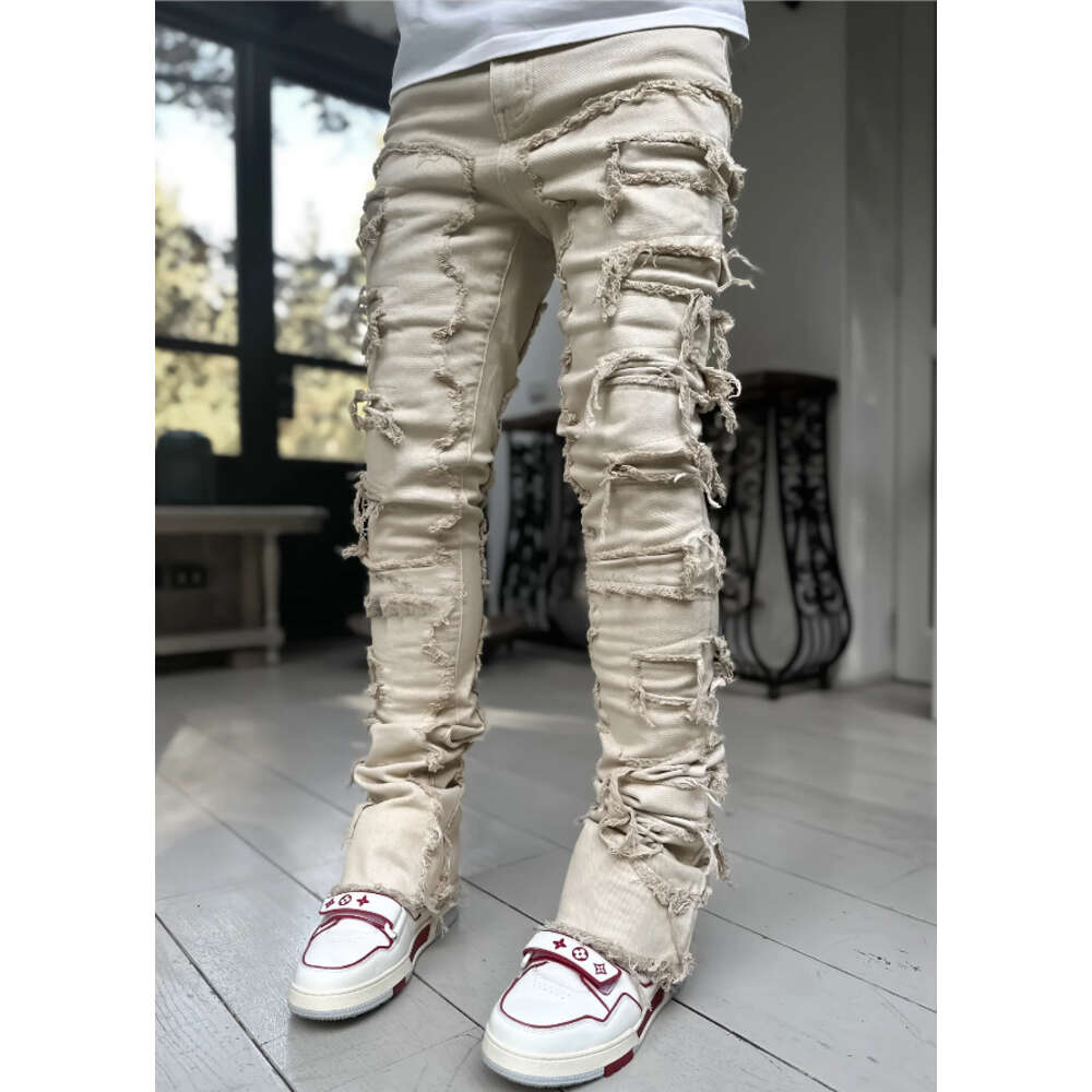 New Men's Street Fashion Ins Elastic Patch Denim Straight Leg Pants