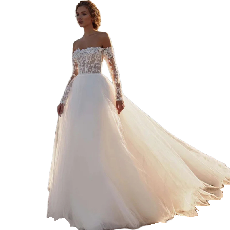 Off The Shoulder Boho Wedding Dress Long Sleeves Ivory Tulle A Line Bridal Gowns 3D Floral Appliques Corset Beach Bride Dresses Custom Made