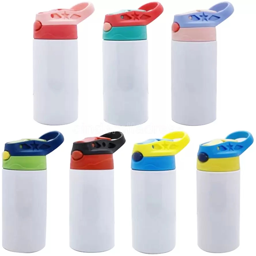 12oz Sublimation Blanks Kids Mugs Tumbler Baby Bottle Sippy Cups White Water Bottle with Straw and Portable Lid 6 Color Lids FY5286
