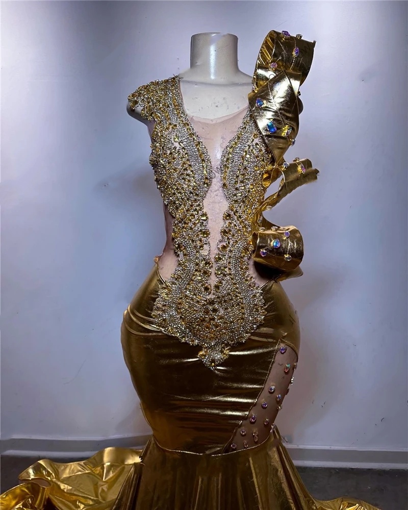 Gold O Neck Long Prom Gowns For Black Girls Beaded Crystal Birthday Party Dresses Mermaid Evening Dress Robe De Bal 0431