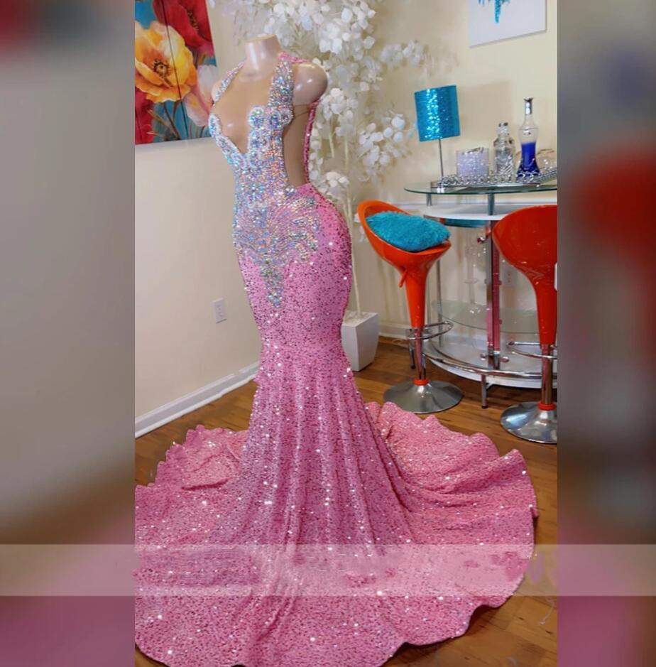 Glitter Pink Sequined Mermaid Prom Dress 2024 For Black Girls Sheer Crew Neck Sparkly Crystal Rhinestones Beading Formal Birthday Party Evening Gown V