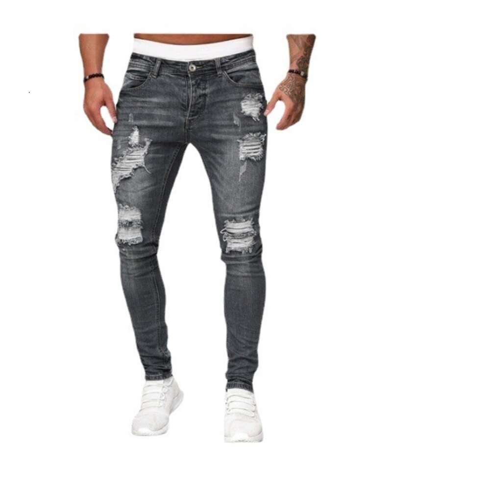 New Style Men's Pants with Holes, Ground White Slim Fit Denim Pants, Fashionable Leggings, Not Closed for Spring Festival