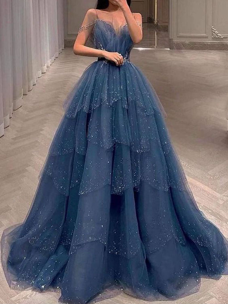 Stunning Blue Evening Dresses Layers Tulle with Beading Long Prom Dresses Lace-up Back High Waist