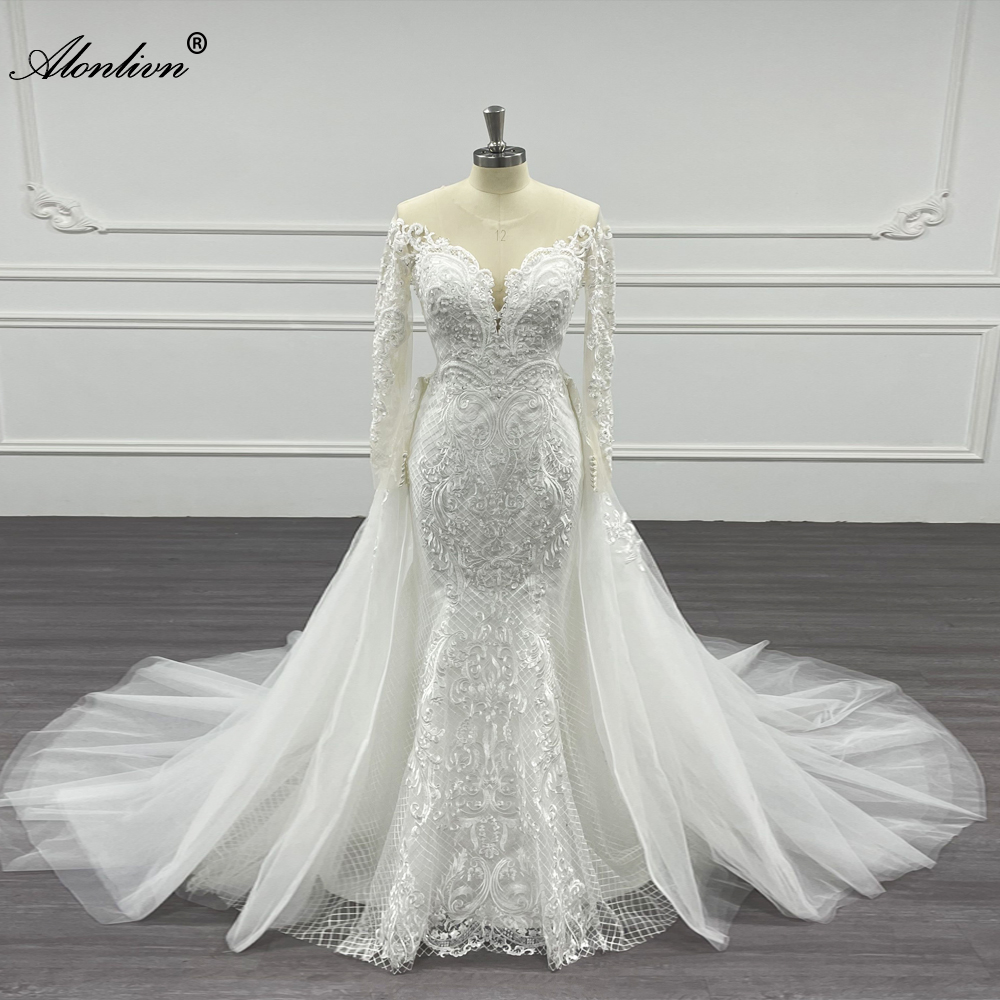 Alonlivn Elegant Mermaid Wedding Dress With Detachable Train 2 In 1 Tulle Beading Embroidery Bridal Gowns