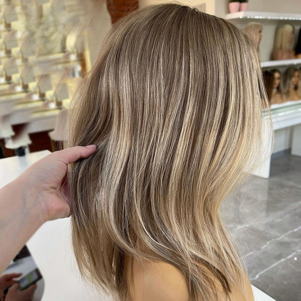 Premium Blonde Lace Front Human Hair Wig with Brown Highlights, Short Wavy Style for Women - 180% Density dh910320090