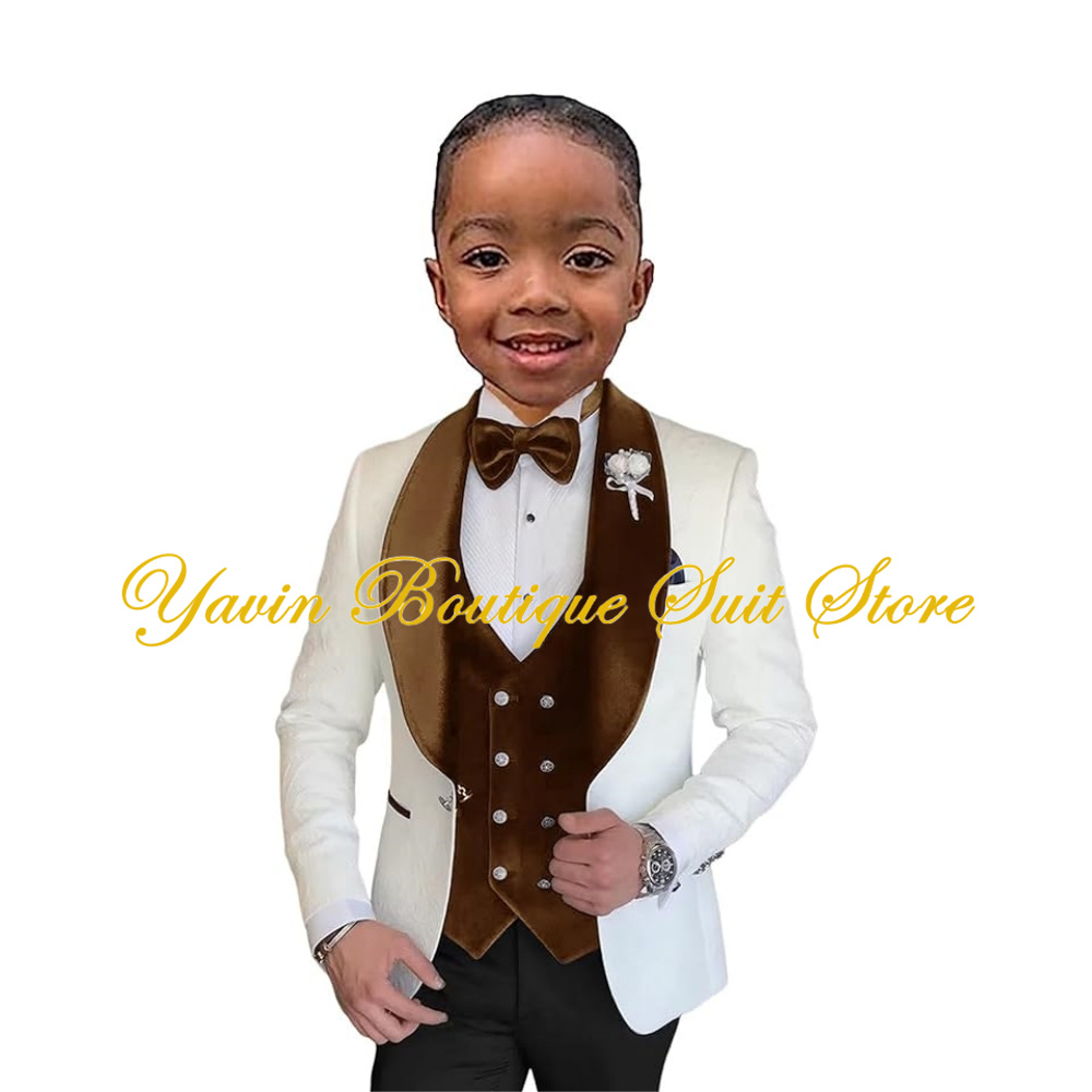 Formal Boy Tuxedo Slim Fit White Jacquard Suit Wedding Prom 3 Piece Blazer Velvet Vest Pants Set