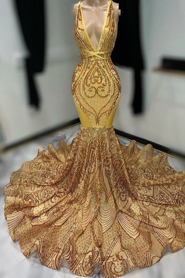 Stunning Gold Mermaid Prom Dresses Sexy Plunging V Neck Appliques Lace Sequins Open Back Evening Gowns Party Pageant wears For Teens