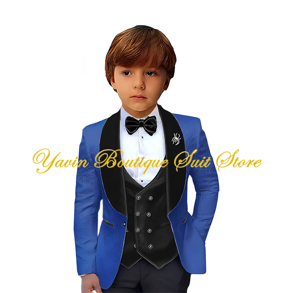 Velvet Collar Boy Suit Jacquard Blazer 3 Pieces Jacket Pants Vest Set Kids Wedding Tuxedo Formal Children Outfit