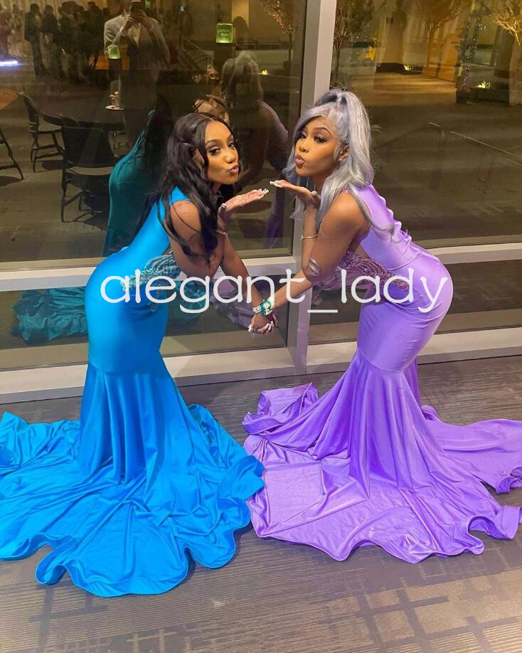 Blue Purple African Mermaid Evening Formal Dresses for Women Luxury Crystal Applique Prom Ceremony Dress vestidos de fiesta