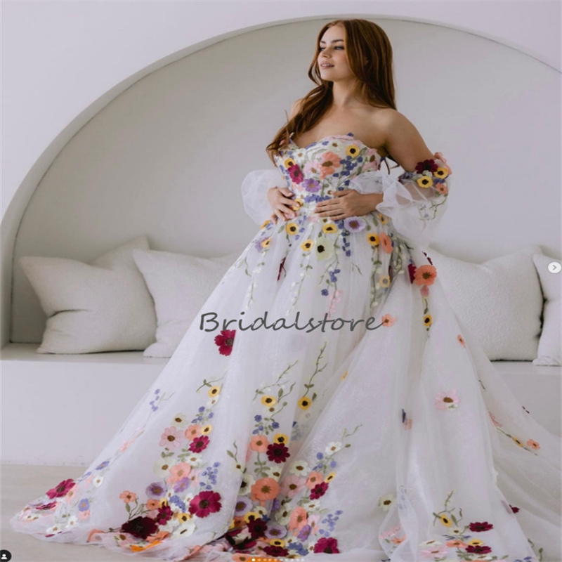 Beautiful Colorful Flower Wedding Dress Boho Fairy tale A Line 3D Florals Rustic Country Bridal Gowns Tulle Whimsical Bride Dress 2024 Hippies Gatsby 