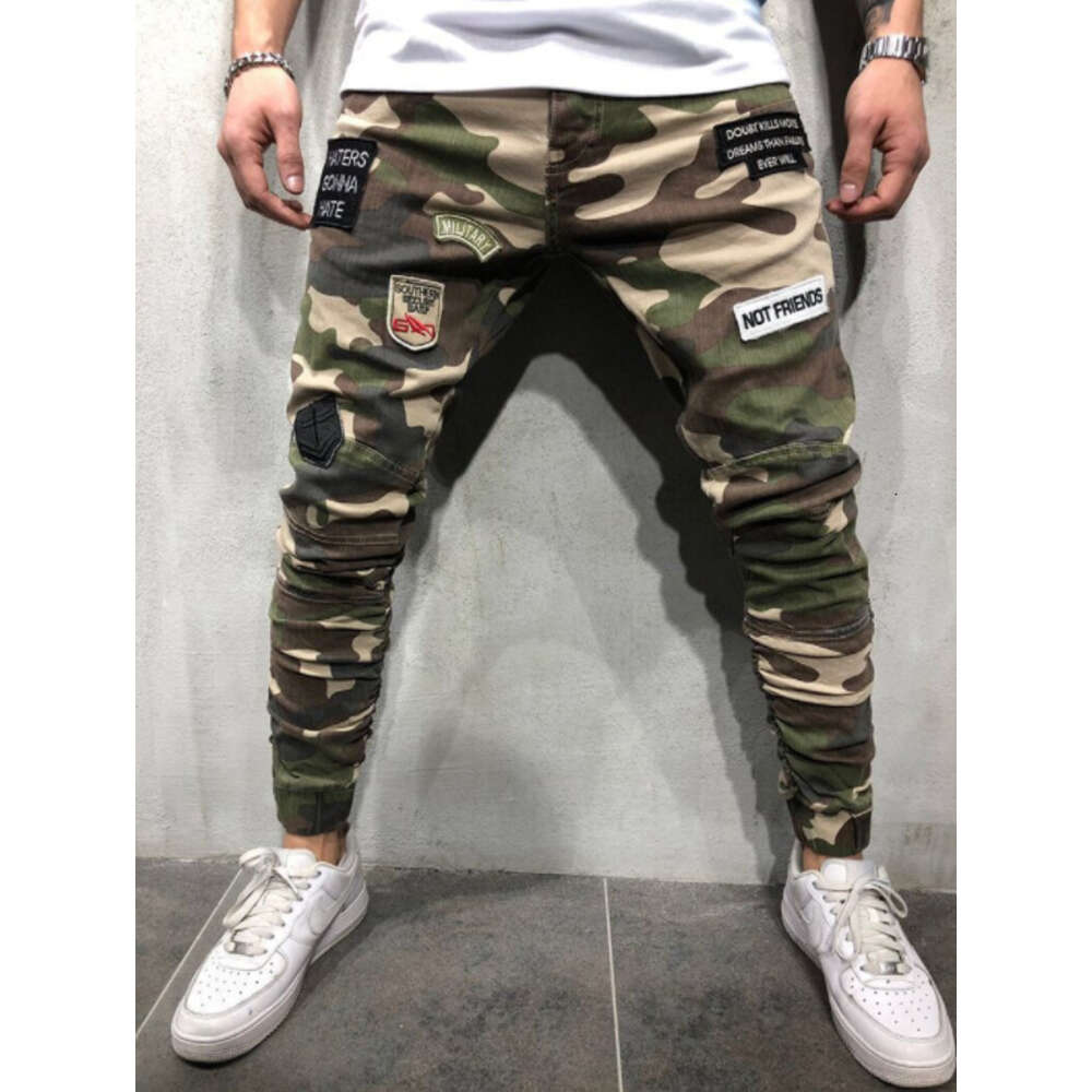 New Men's Jeans Without Closing for Spring Festival, Badge, Slim Fit, Tight Fitting, Elastic Cuffs, Camouflage Leggings