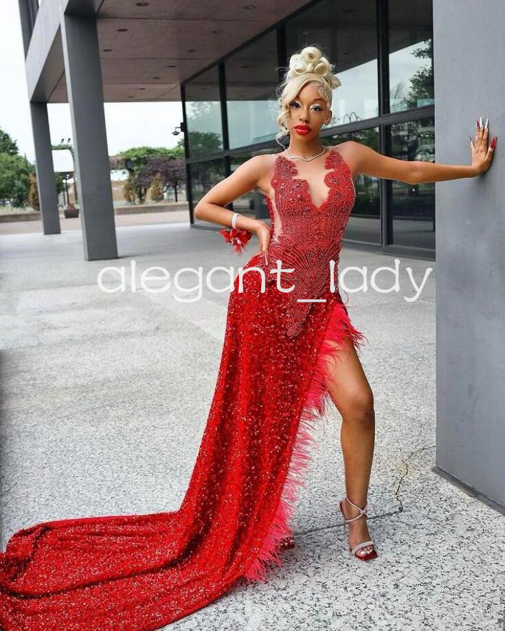 Red Velvet Sparkly Mermaid Prom Occasion Dresses for Women Luxury Diamond Crystal Slit Evening Ceremony Gown vestidos de gala