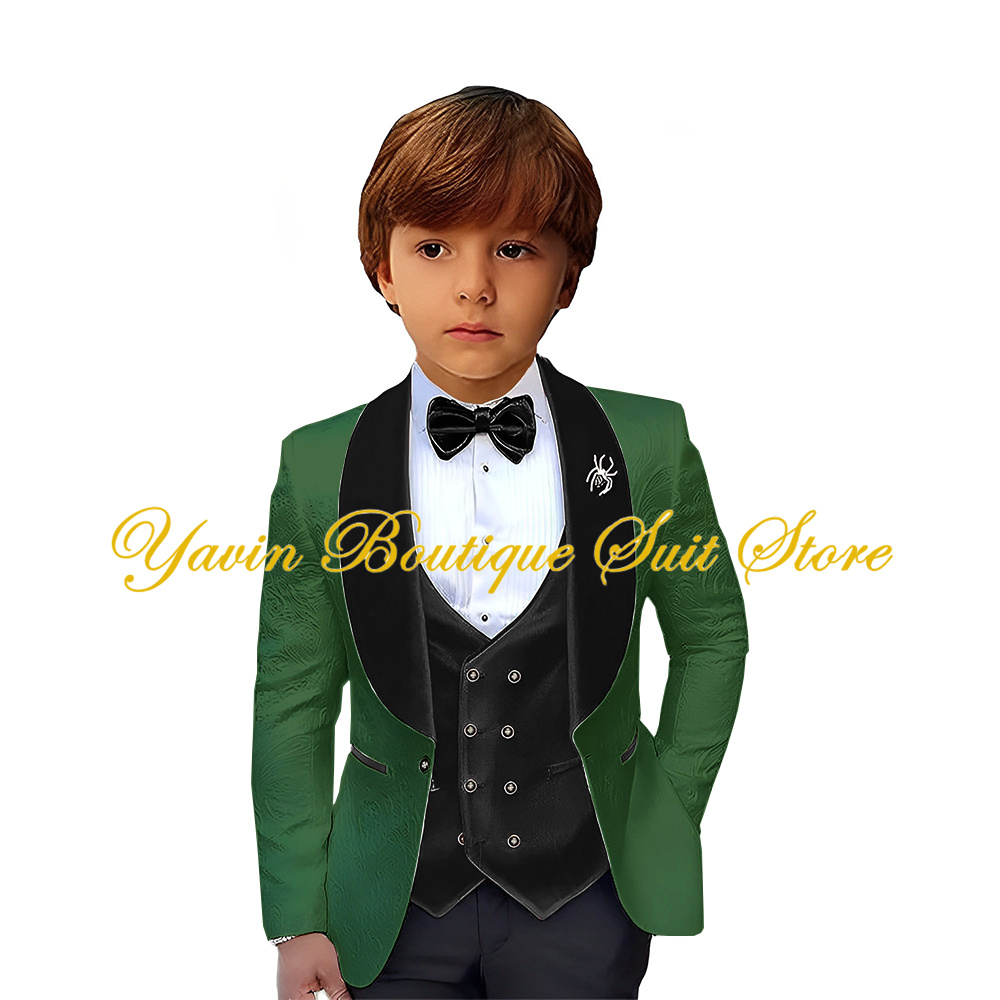 Velvet Collar Boy Suit Jacquard Blazer 3 Pieces Jacket Pants Vest Set Kids Wedding Tuxedo Formal Children Outfit