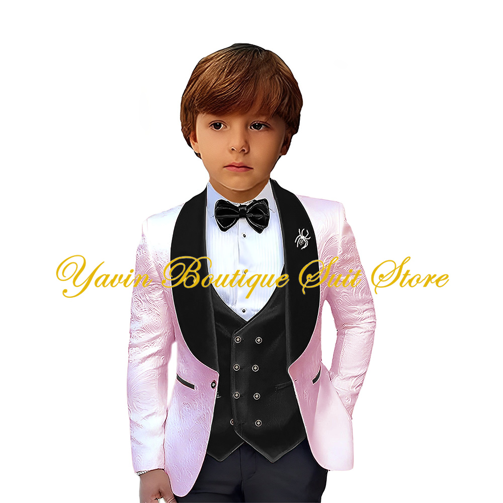 Velvet Collar Boy Suit Jacquard Blazer 3 Pieces Jacket Pants Vest Set Kids Wedding Tuxedo Formal Children Outfit