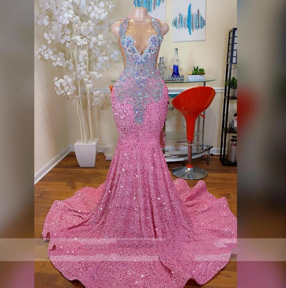 Glitter Pink Sequined Mermaid Prom Dress 2024 For Black Girls Sheer Crew Neck Sparkly Crystal Rhinestones Beading Formal Birthday Party Evening Gown V