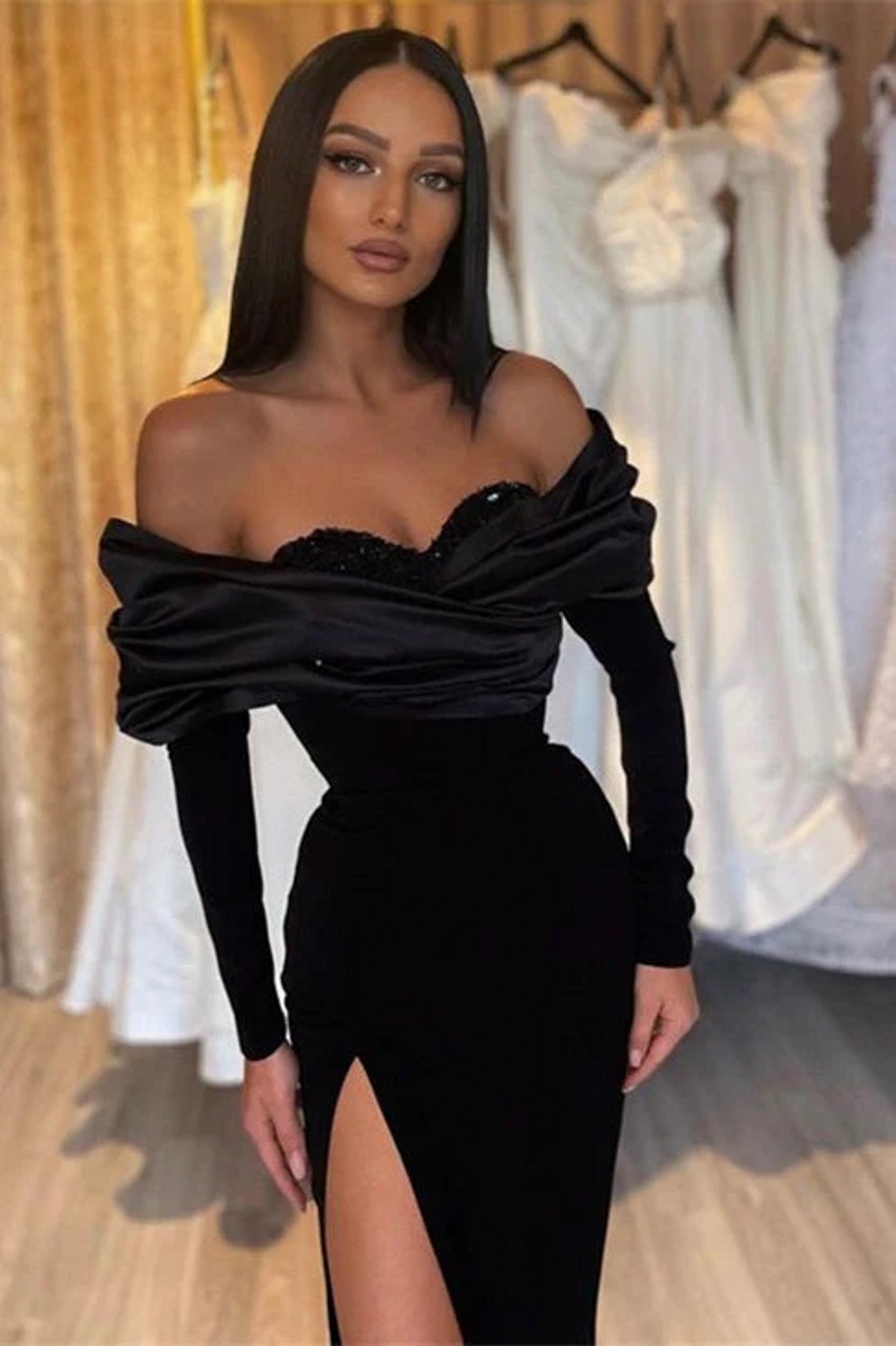 Elegant Black Split Evening Dresses Vintage Long Sleeve Mermaid Off Shoulder Prom Party Gowns With Pleats Ruffles Long Women Occasion Robes