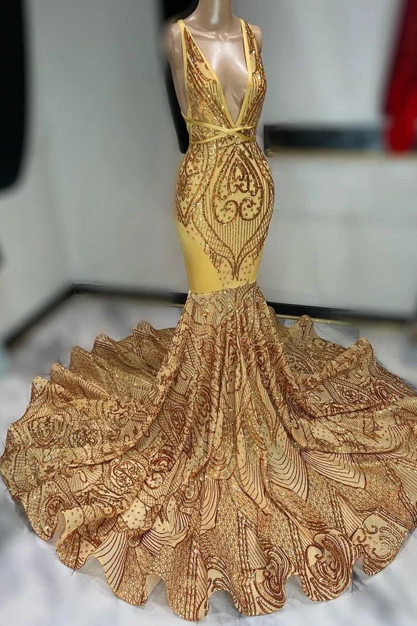 Stunning Gold Mermaid Prom Dresses Sexy Plunging V Neck Appliques Lace Sequins Open Back Evening Gowns Party Pageant wears For Teens