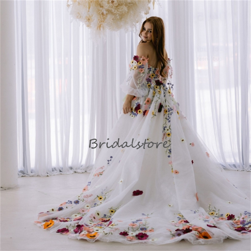 Beautiful Colorful Flower Wedding Dress Boho Fairy tale A Line 3D Florals Rustic Country Bridal Gowns Tulle Whimsical Bride Dress 2024 Hippies Gatsby 