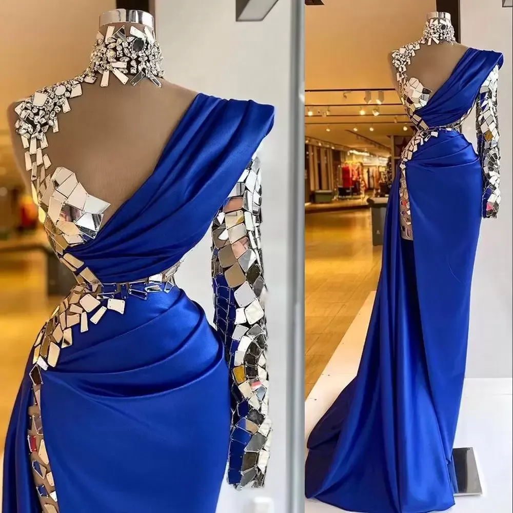 Royal Blue Beaded Crystal African Dresses Urious Aso Ebi Mermaid Prom Dress One Long Sleeve Formal Evening Party Gowns Split Or Length 2024 Lz0304