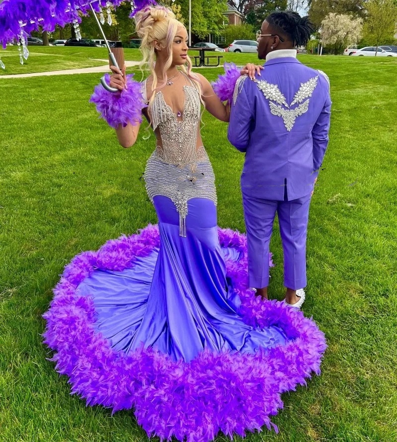 Purple Prom Dresses For Black Girls Rhinestone Feathers African Women Mermaid Party Gowns Vestidos De Festa