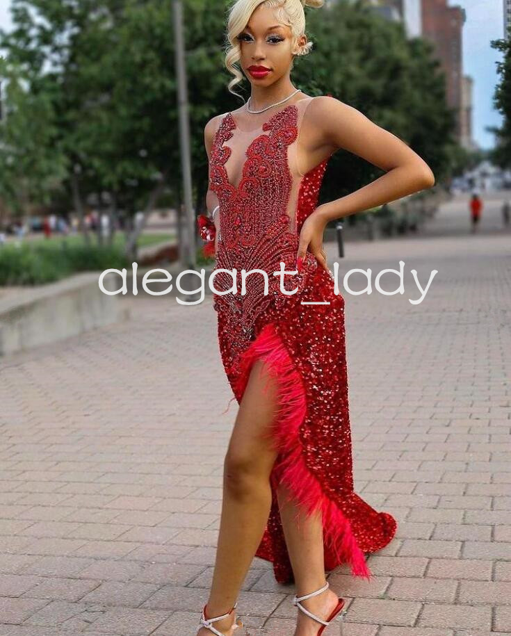 Red Velvet Sparkly Mermaid Prom Occasion Dresses for Women Luxury Diamond Crystal Slit Evening Ceremony Gown vestidos de gala