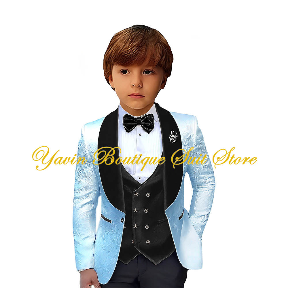 Velvet Collar Boy Suit Jacquard Blazer 3 Pieces Jacket Pants Vest Set Kids Wedding Tuxedo Formal Children Outfit