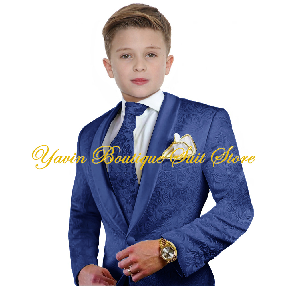 Jacquard Boys Suit 3 Pieces Set Floral Jacket Pants Tie One Button Blazer Wedding Party Boy's Tuxedo Kids Party Dress Suits