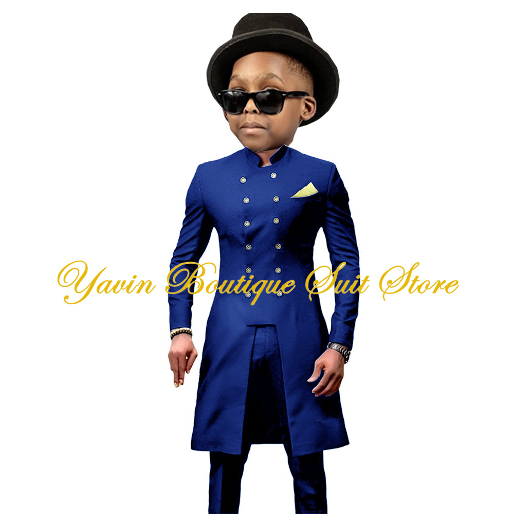 Indian Style Boy's Suit 2 Pieces Long Double Breasted Jacket Pants Set Wedding Party Tuxedo Formal Kids Blazer Clothes