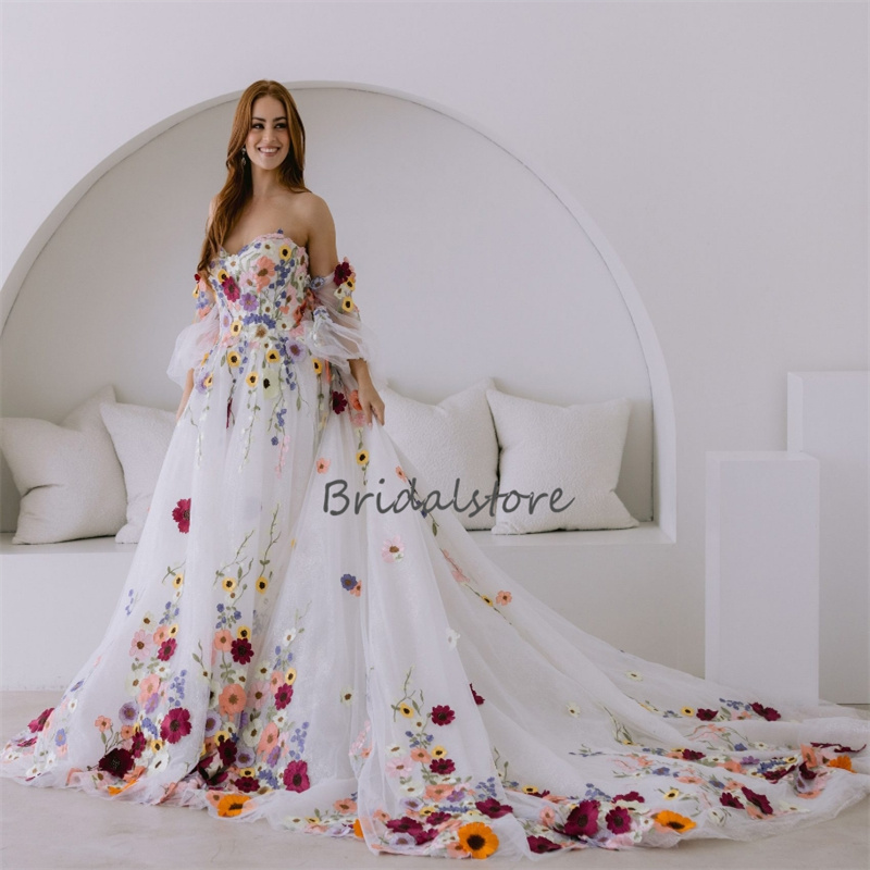 Beautiful Colorful Flower Wedding Dress Boho Fairy tale A Line 3D Florals Rustic Country Bridal Gowns Tulle Whimsical Bride Dress 2024 Hippies Gatsby 