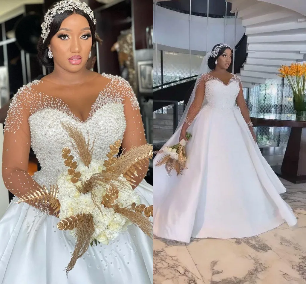 African Arabic Plus Size Wedding Dresses Sheer Long Sleeves Beads Pearls Illusion Jewel Neck Brdial Gowns Custom Made Maternity Robes De Mariage Bc180
