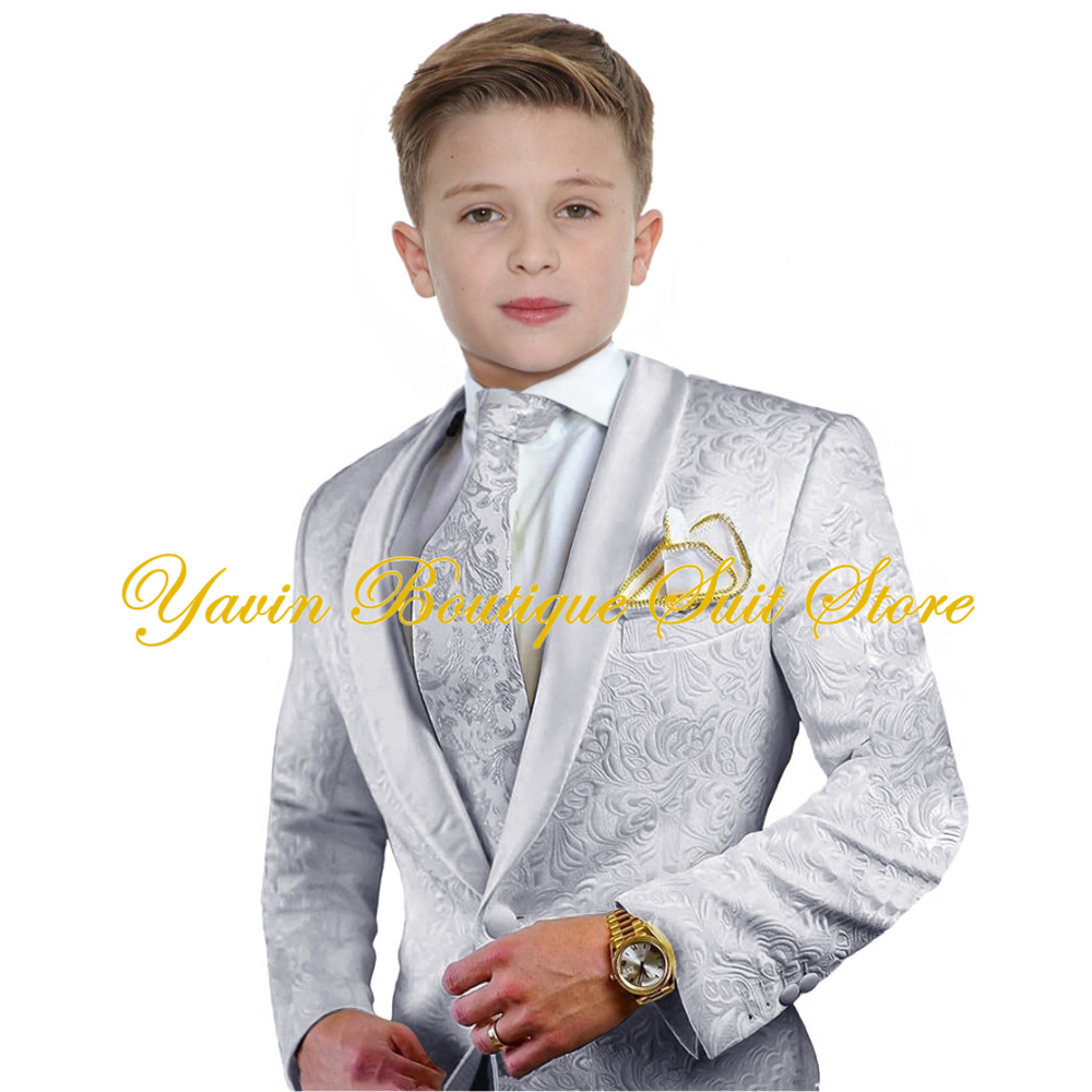 Jacquard Boys Suit 3 Pieces Set Floral Jacket Pants Tie One Button Blazer Wedding Party Boy's Tuxedo Kids Party Dress Suits