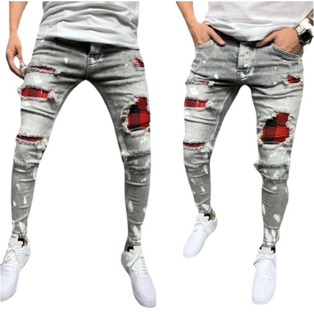 2024 Spring Festival Does Not Close. Men's Distressed Printed with Patches and Elastic Small Leg Jeans
