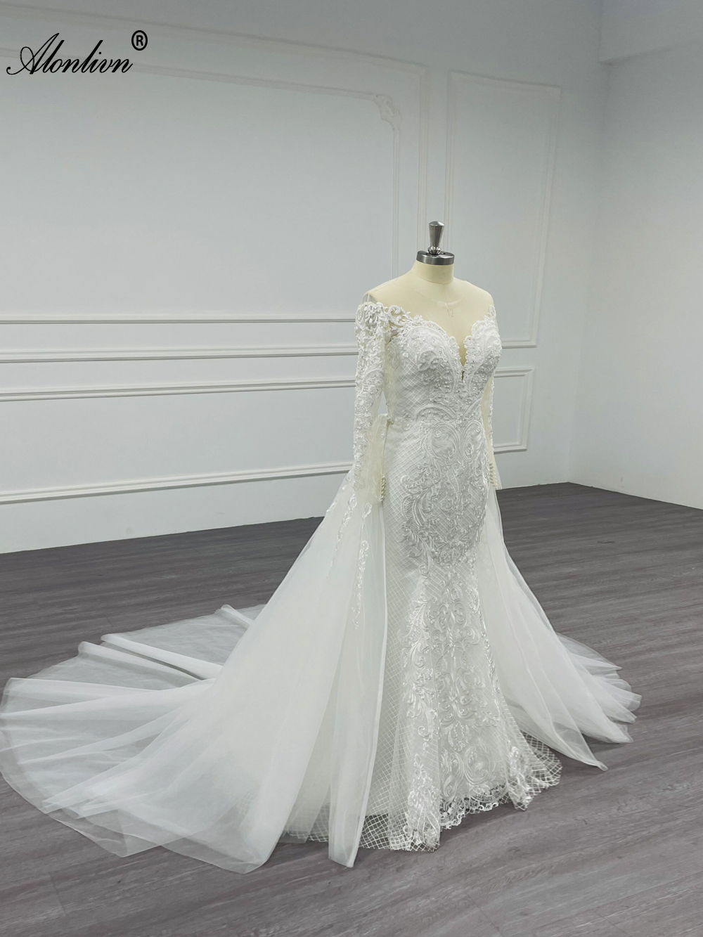 Alonlivn Elegant Mermaid Wedding Dress With Detachable Train 2 In 1 Tulle Beading Embroidery Bridal Gowns