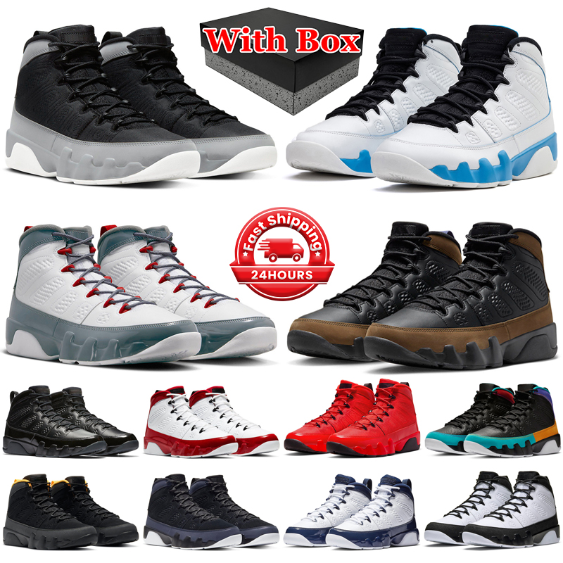 With box 9s jumpman 9 basketball shoes men Powder Blue Chile Fire Red Gym Particle Grey Light Olive Concord University Gold mens trainers sports outdoors sneakers