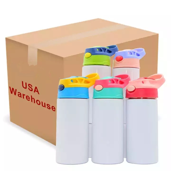 12oz Sublimation Blanks Kids Mugs Tumbler Baby Bottle Sippy Cups White Water Bottle with Straw and Portable Lid 6 Color Lids FY5286