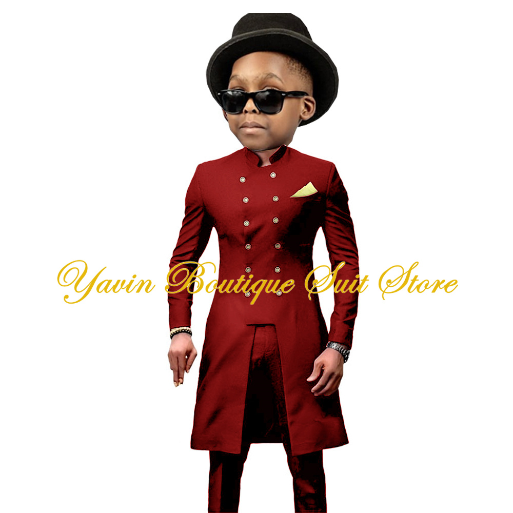 Indian Style Boy's Suit 2 Pieces Long Double Breasted Jacket Pants Set Wedding Party Tuxedo Formal Kids Blazer Clothes