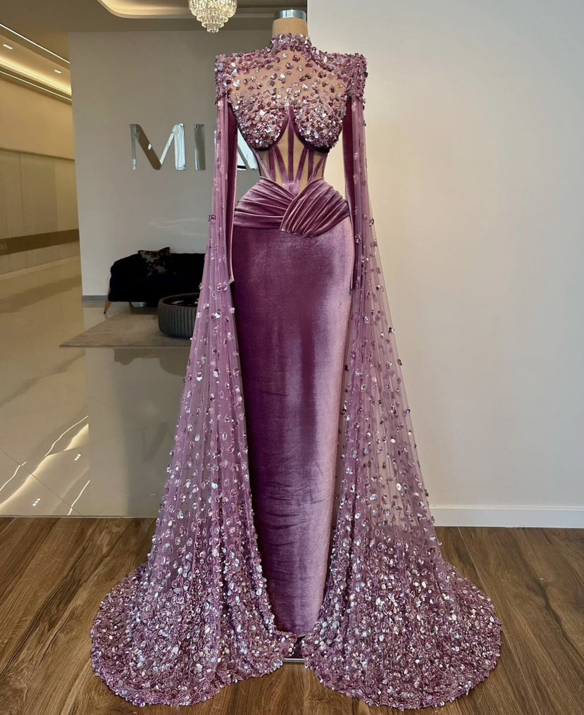 New Arrival Purple Veet Long Prom Dress For Black Girls Beaded Birthday Party Mermaid Evening Ocn Gowns With Cap 0613