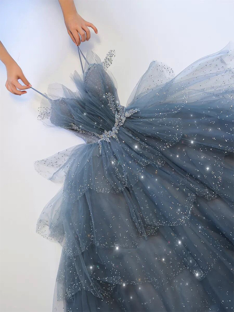 Stunning Blue Evening Dresses Layers Tulle with Beading Long Prom Dresses Lace-up Back High Waist