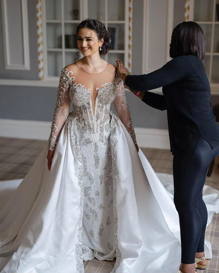 Gorgeous Beaded Vintage Mermaid Wedding Dresses Detachable Train Crystal Off Shoulder Bridal Gowns Custom Made Vestidos De Novia 326