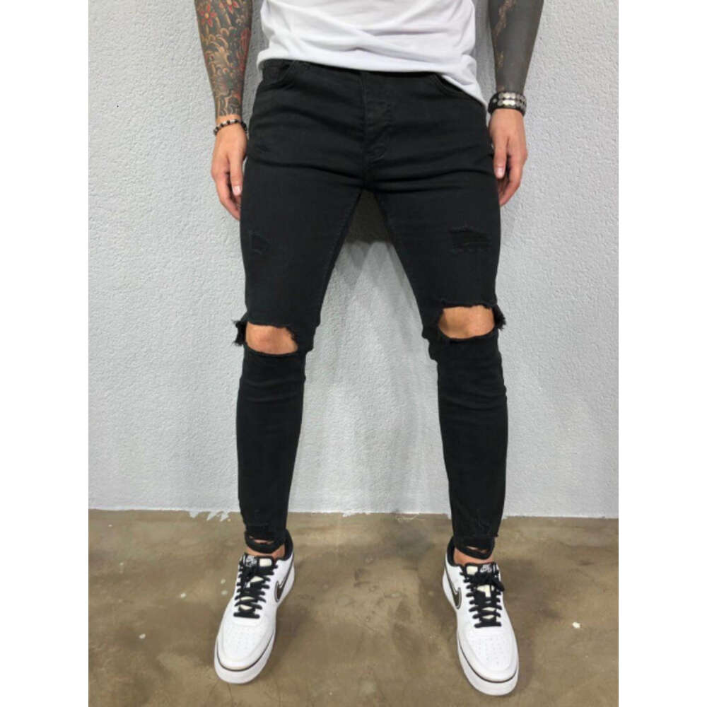 Spring Festival Does Not Close, High-quality Men's Distressed Elastic Leg Jeans with Torn New Styles
