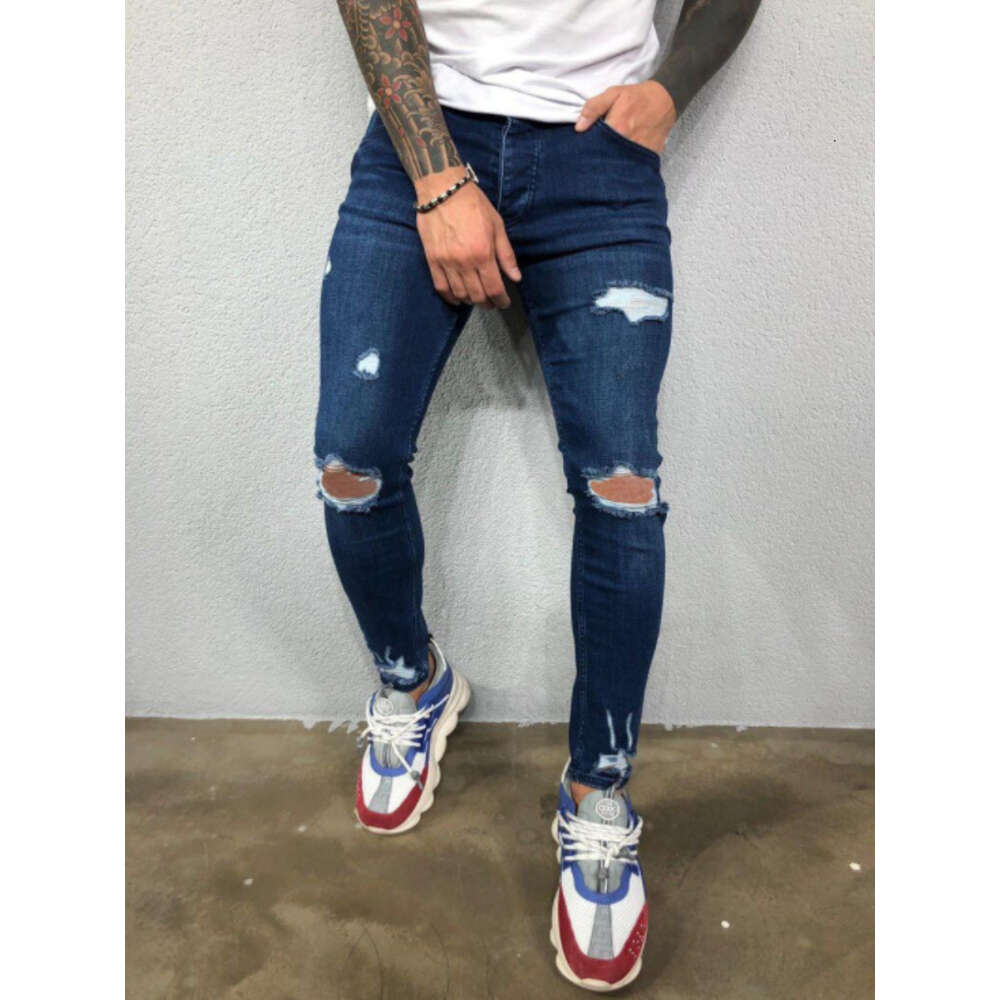 Spring Festival Does Not Close, High-quality Men's Distressed Elastic Leg Jeans with Torn New Styles